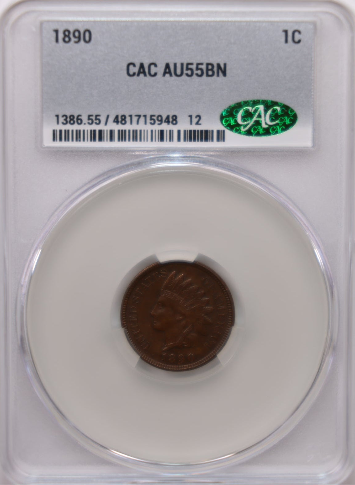 1890 Indian Head Small Cents, CAC Graded AU-55, Circulated Coin, Store #CT016.