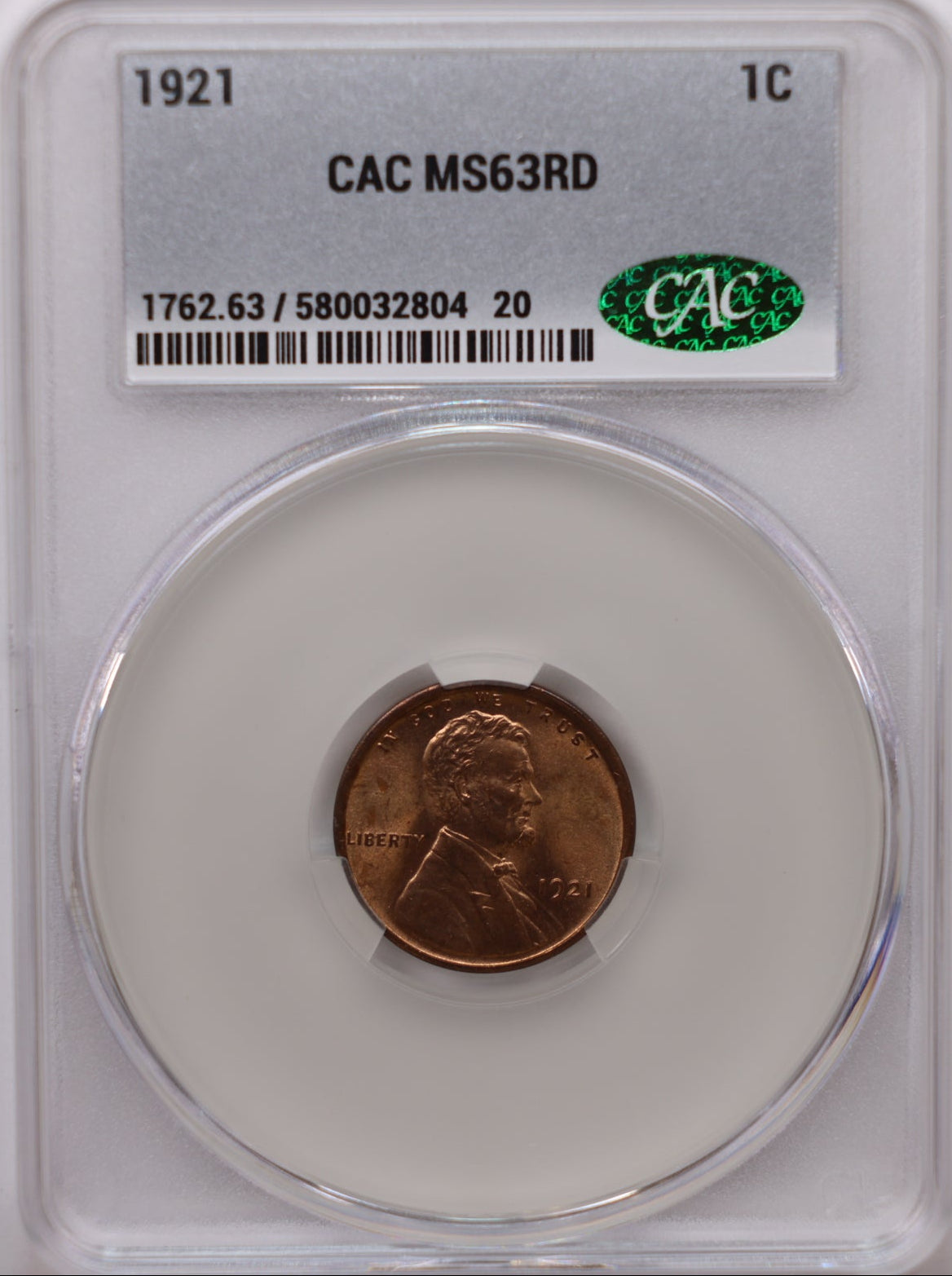 1921 Lincoln Wheat Cent, Small Cent, CAC Graded MS-63 Red, Store #CT017.