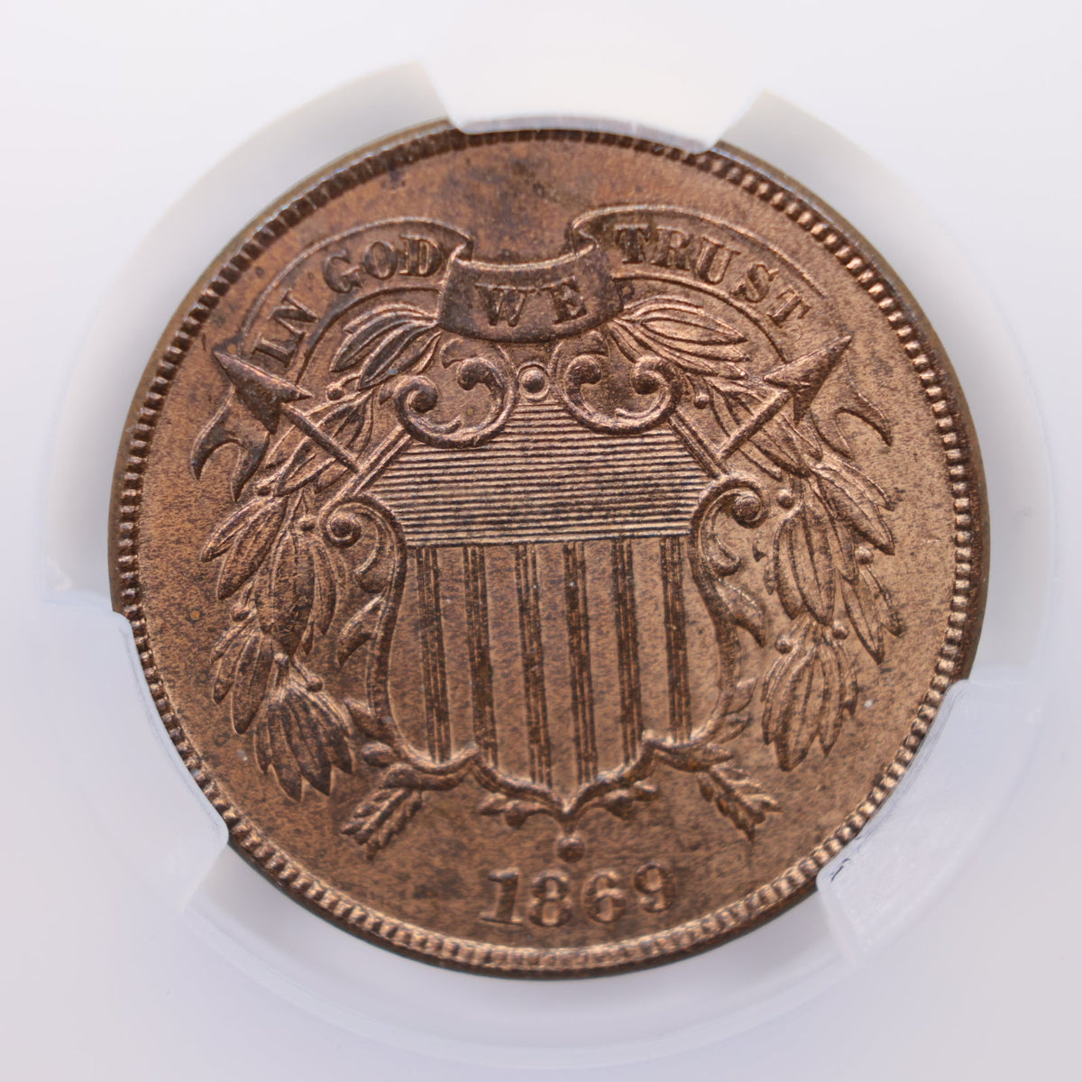 1869 Two Cent Piece, CAC Graded MS-64 Red/Brown, Uncirculated, Store #G2C005.