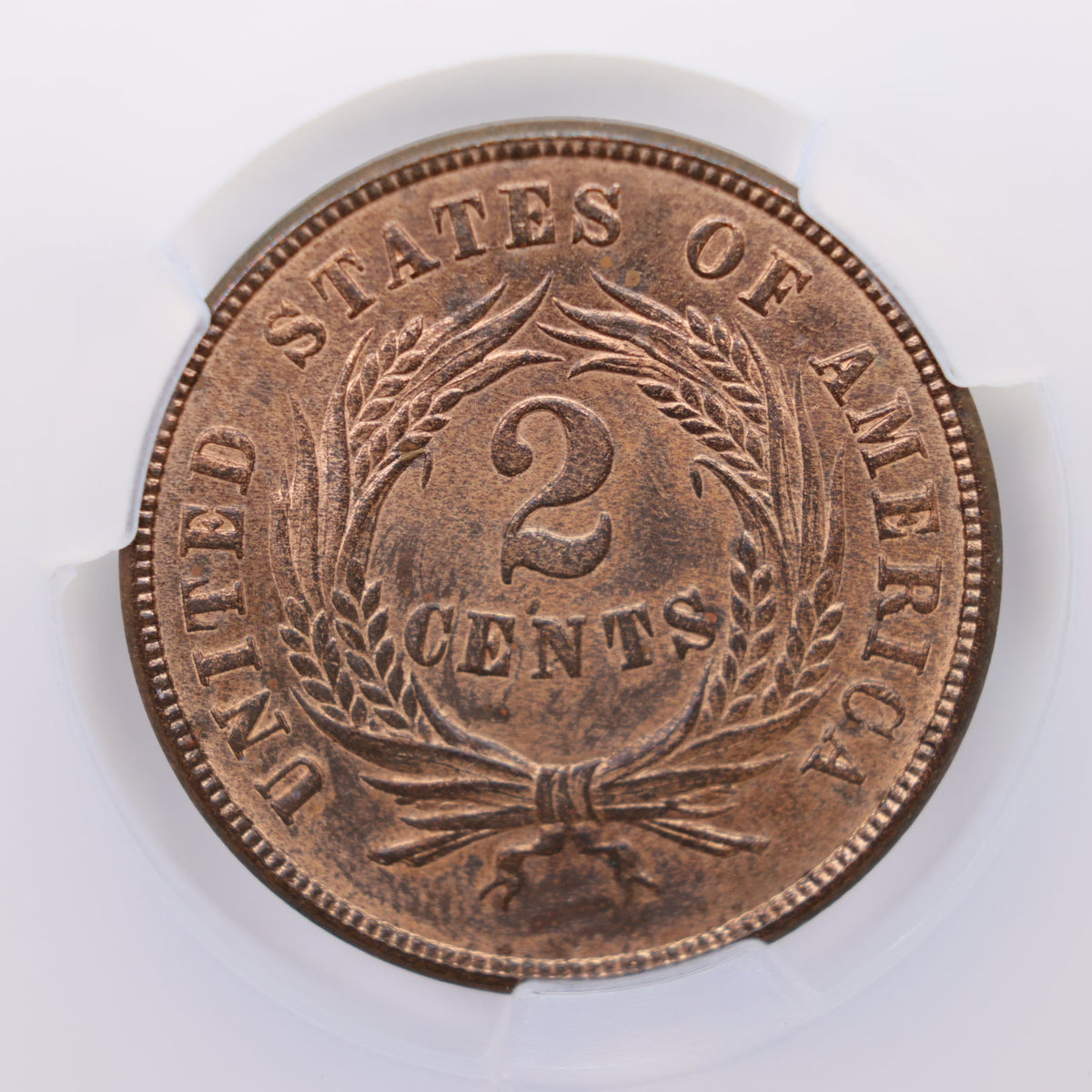 1869 Two Cent Piece, CAC Graded MS-64 Red/Brown, Uncirculated, Store #G2C005.