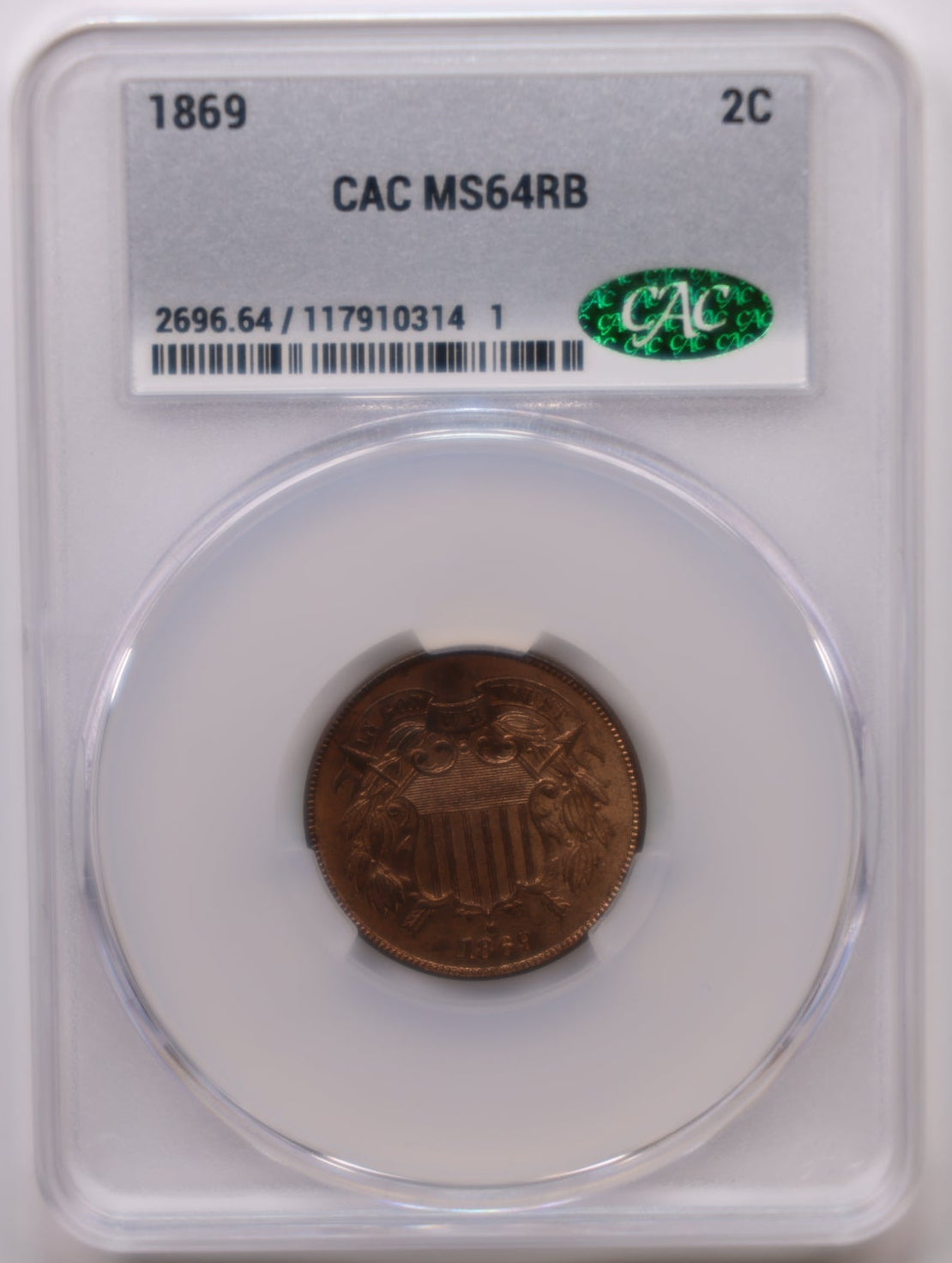1869 Two Cent Piece, CAC Graded MS-64 Red/Brown, Uncirculated, Store #G2C005.