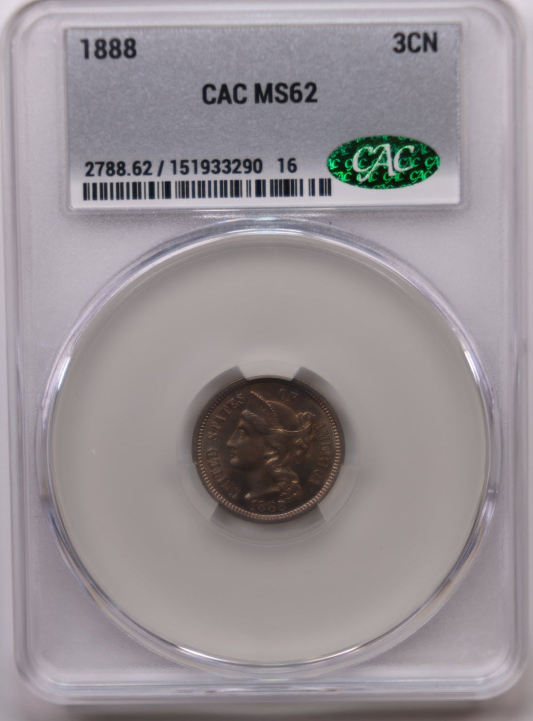 1888 Three Cent Copper Nickel. Gem Uncirculated, CAC MS-62. SALE #G3C012.