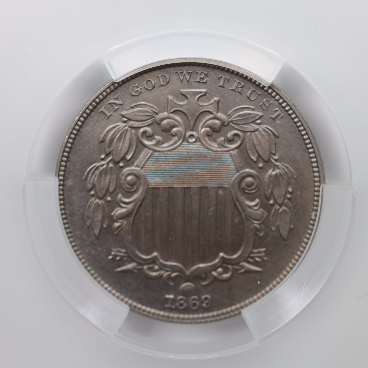 1869 Shield Nickel, PROOF STRIKE, CAC Certified PR-62, Store #NL005.