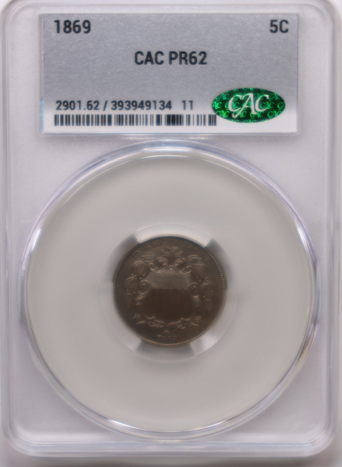 1869 Shield Nickel, PROOF STRIKE, CAC Certified PR-62, Store #NL005.