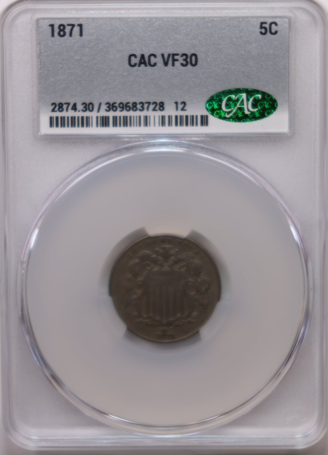 1871 Shield Nickel, Business Strike, CAC VF-30, Circulated Coin, Store #NL007.