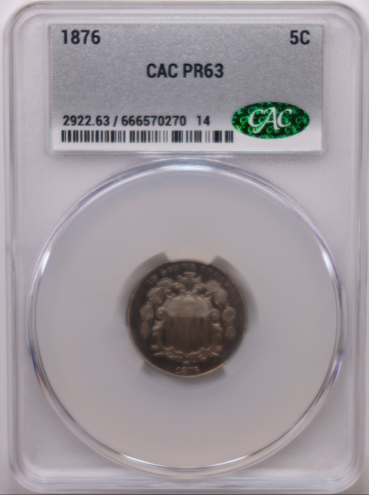 1876 Shield Nickel, Proof Strike, CAC PR-63, Uncirculated Coin, Store #NL008.