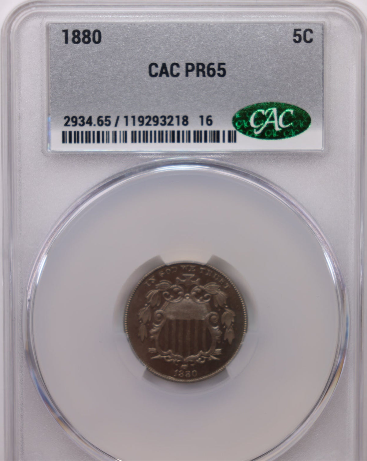 1880 Shield Nickel, Proof Strike, CAC PR-65, Uncirculated Coin, Store #NL010.