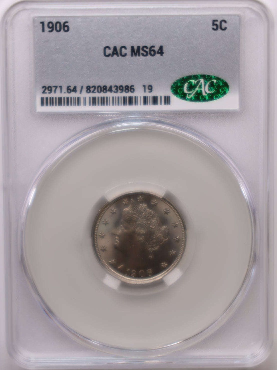 1906 Liberty (V) Nickel, CAC Graded MS-64, Gem Uncirculated Coin, Store #NL020.
