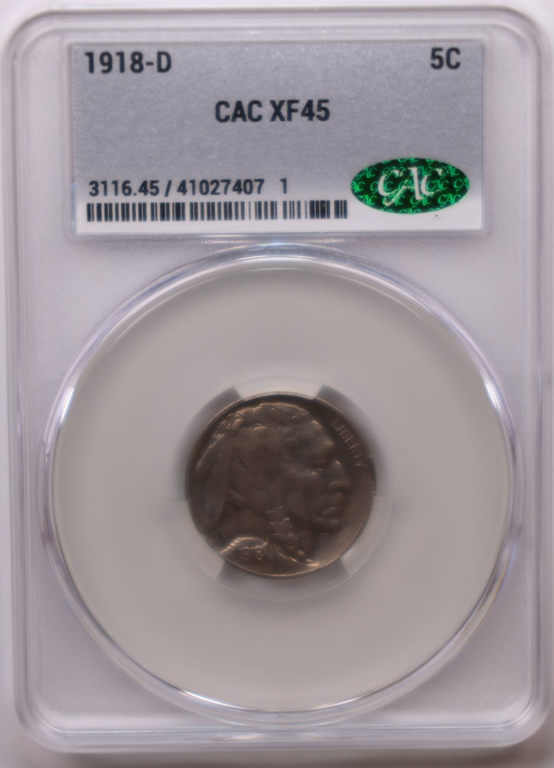 1918-D Buffalo Nickel, CAC Graded XF-45, Uncirculated Coin, Store #NL021.