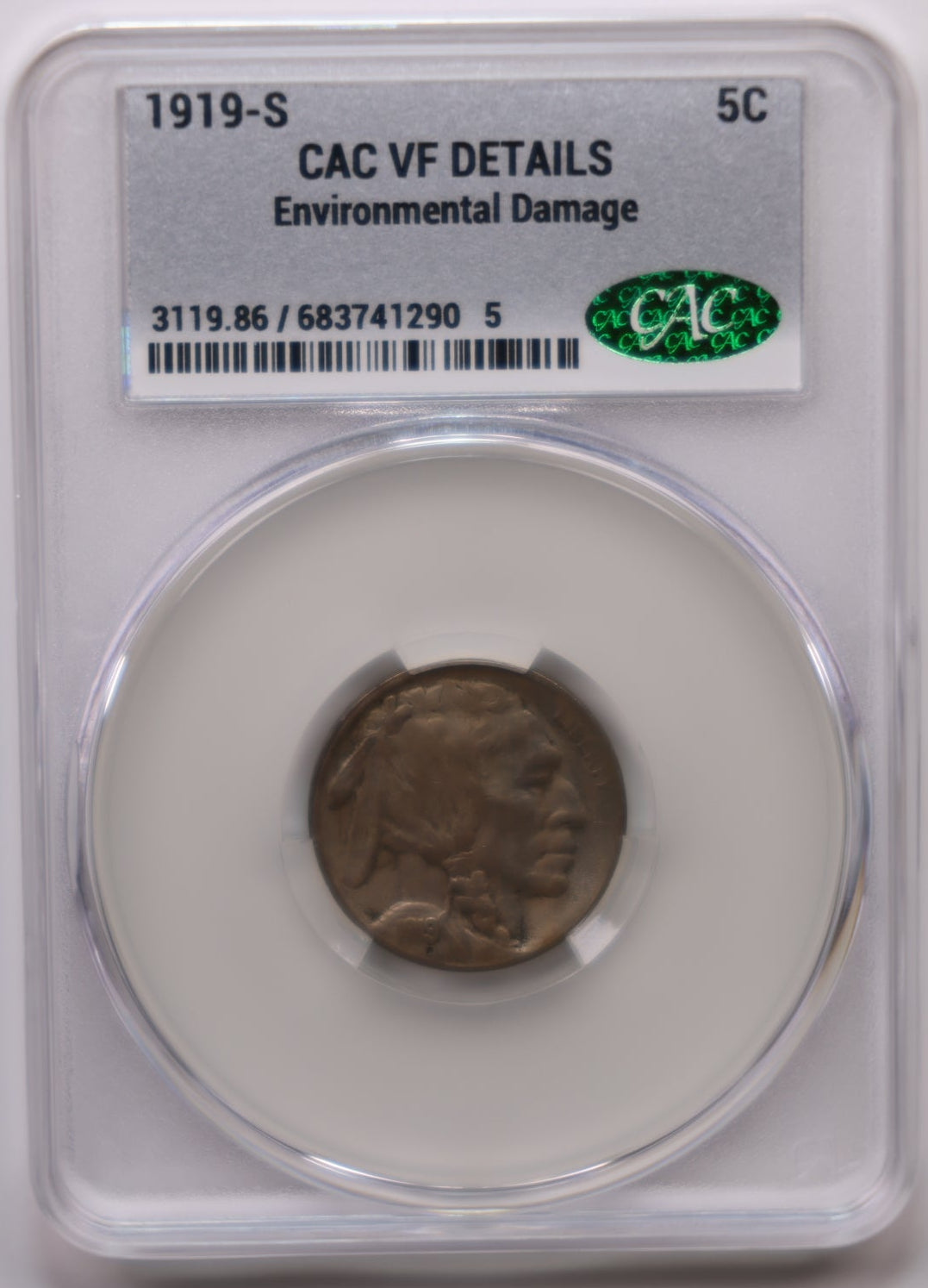 1919-S Buffalo Nickel, CAC Graded VF Detailed Coin, Store #NL023.