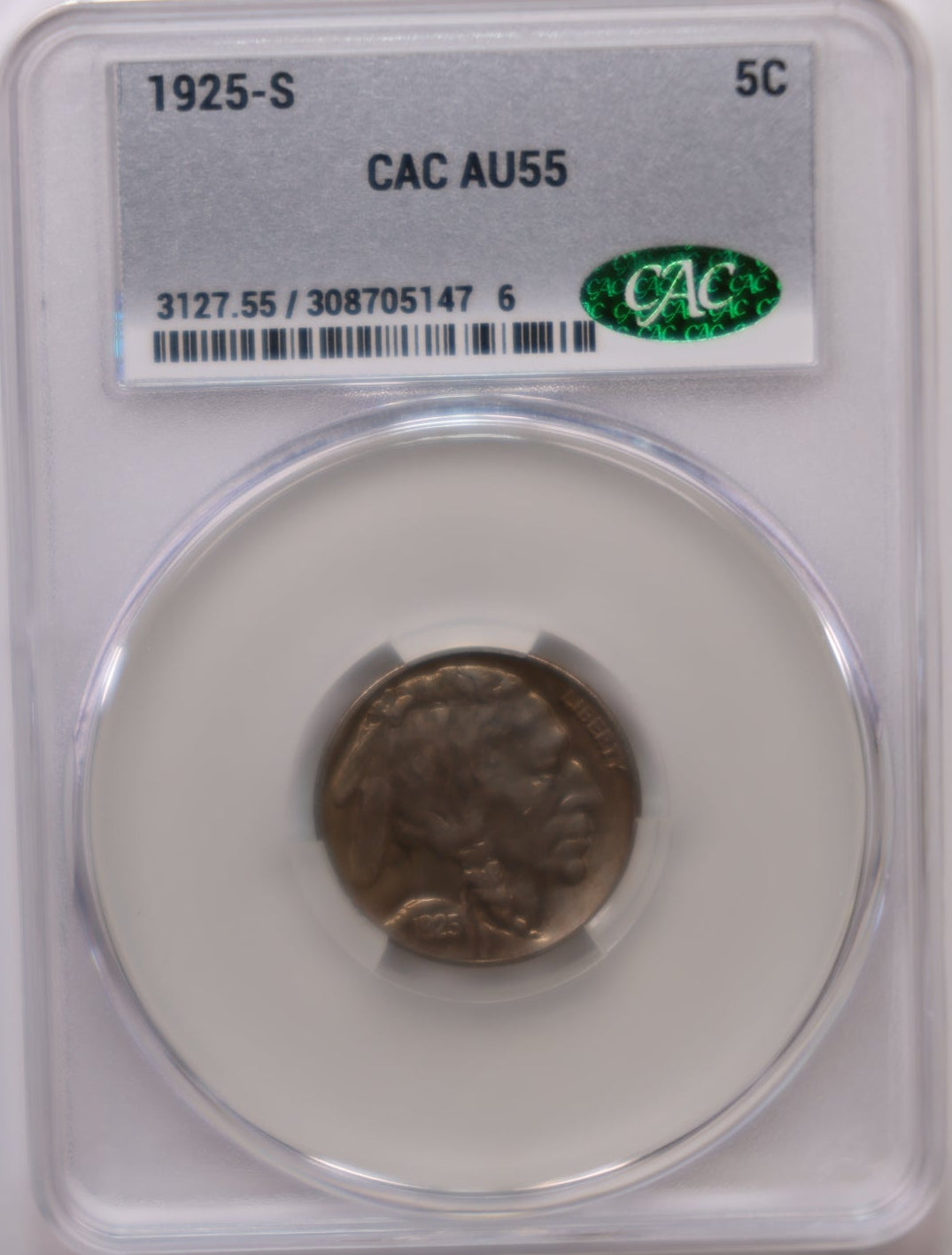 1925-S Buffalo Nickel, CAC Graded AU-55, Circulated Coin, Store #NL024.