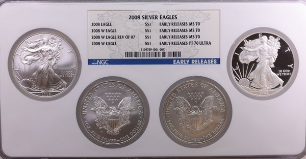2008 Silver Eagles, 4-Coin Set, Including 08 Reverse 07, NGC MS/PF-70, Store #AE0236