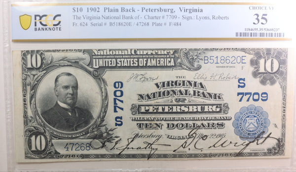 1902 $10, Petersburg, Virginia, National Banknote, CH# 7709, PCGS VF-35, Store #NBN004.