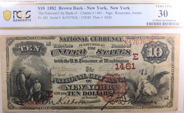 1882 $10, Brown Back, New York, N.Y., National Note, PCGS VF-30 #NBN006.