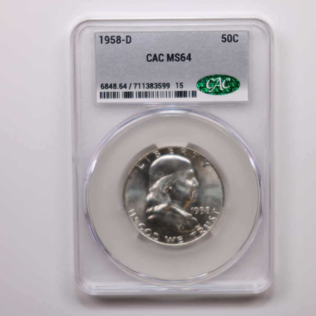 1958-D Franklin Silver Half Dollar, CAC MS-64, Uncirculated Coin. Store #HR003.