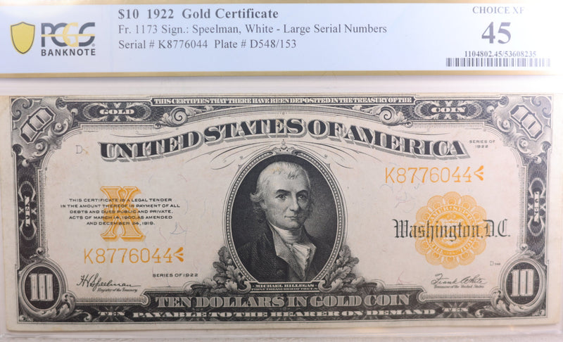 1922 $10, Gold Certificate, Large Size Note, PCGS XF-45, Store Sale