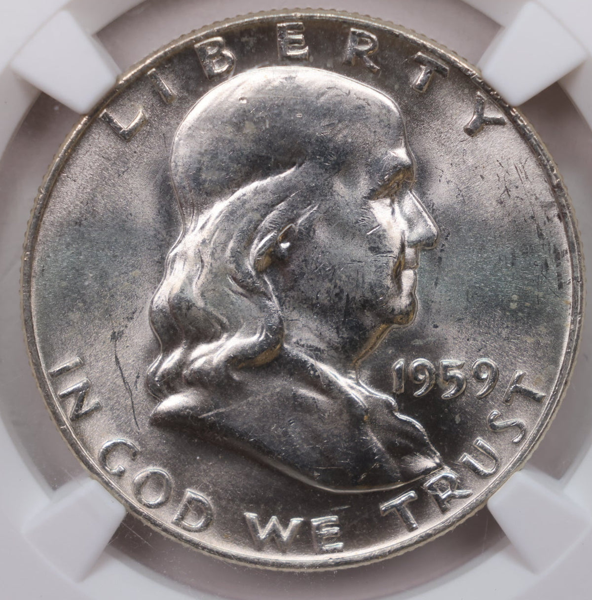 1959-D Franklin Silver Half Dollar, NGC MS-64, Full Bell Lines. Store #HR020.