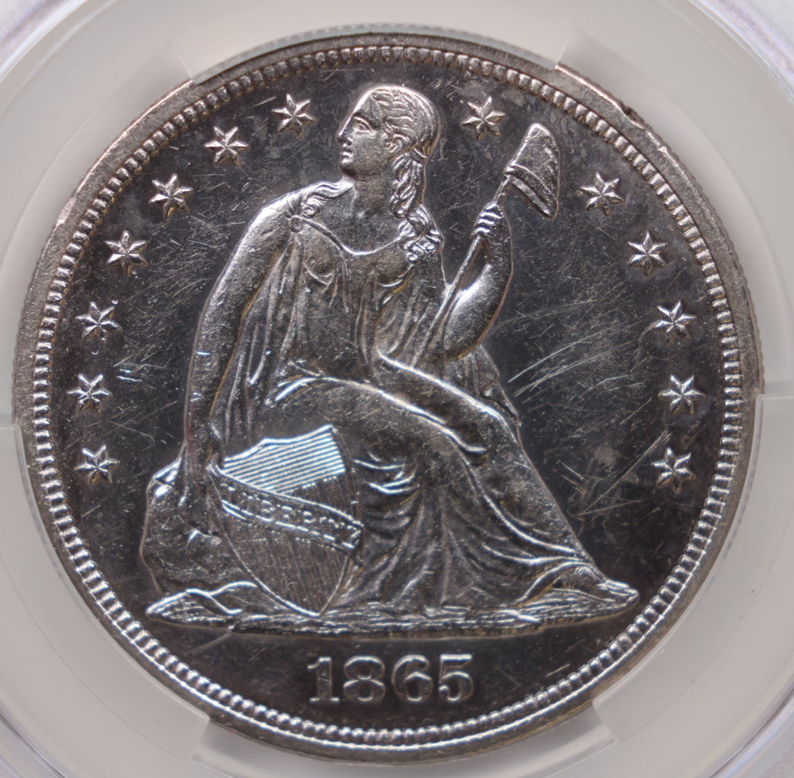 1865 Liberty Seated Silver Dollar, CAC Graded AU Details, CLEANED, Store Sale #DR