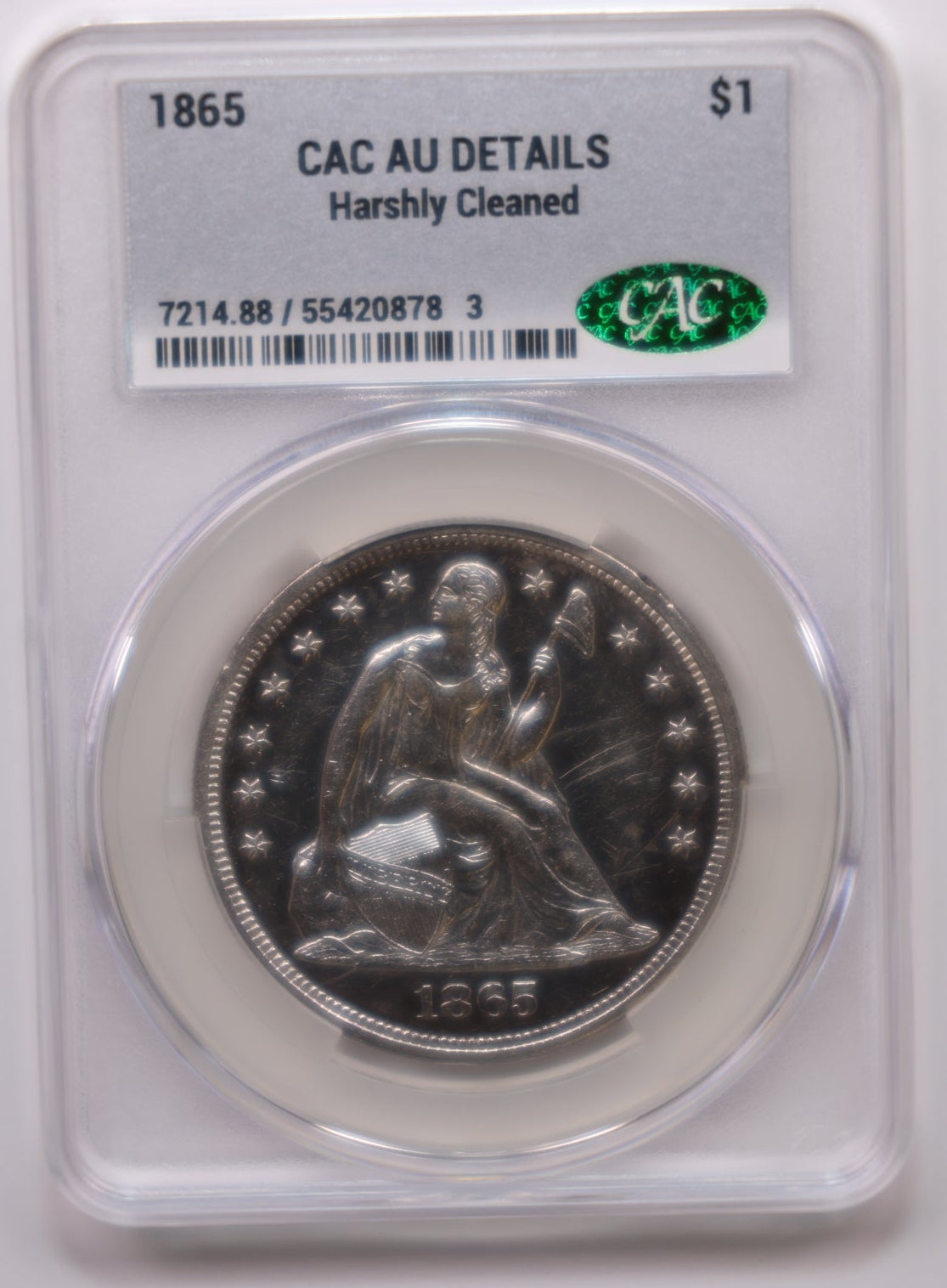 1865 Liberty Seated Silver Dollar, CAC Graded AU Details, CLEANED, Store Sale #DR