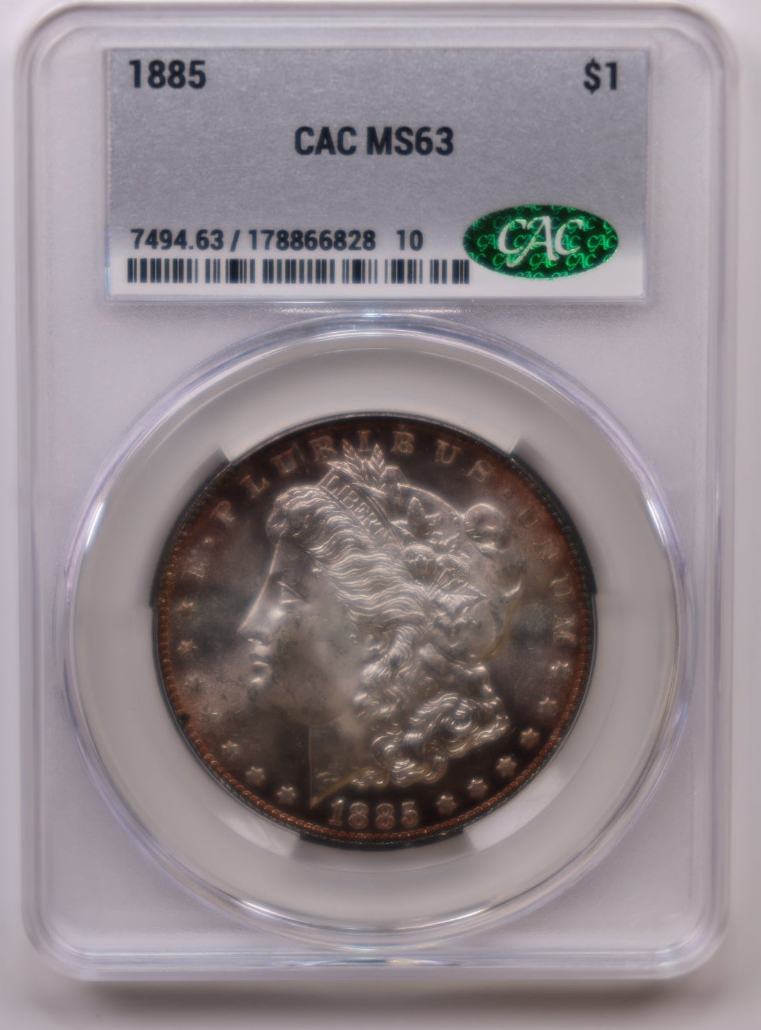 1885 Morgan Silver Dollar, Toned CAC MS-63, Uncirculated Coin, Store #DR104.