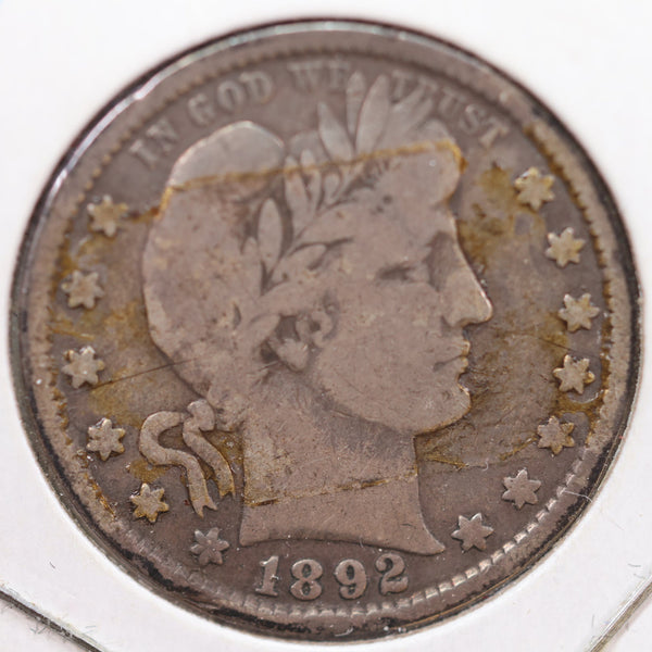 1892 Barber Quarter, Very Good+ Circulated Coin, Store #QR750