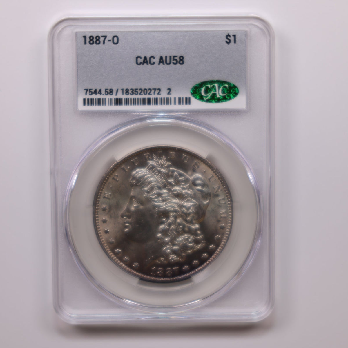 1887-O Morgan Silver Dollar, Toned CAC AU-58, Uncirculated Coin, Store #DR105.