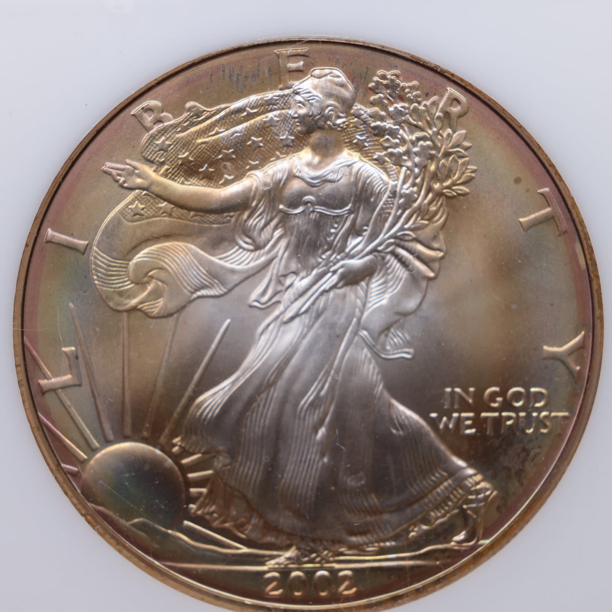 2002 American Silver Eagle, Nice Toned Coin. PCI Holder. Uncirculated Coin, Store #AE004.
