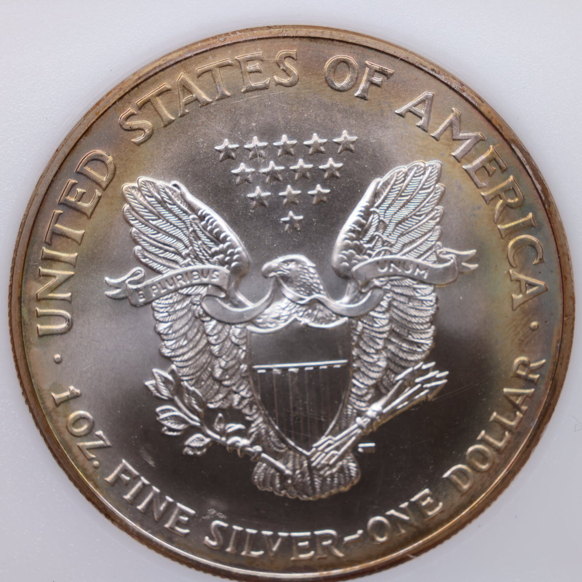 2002 American Silver Eagle, Nice Toned Coin. PCI Holder. Uncirculated Coin, Store #AE004.