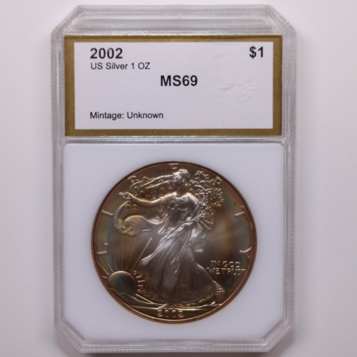 2002 American Silver Eagle, Nice Toned Coin. PCI Holder. Uncirculated Coin, Store #AE004.
