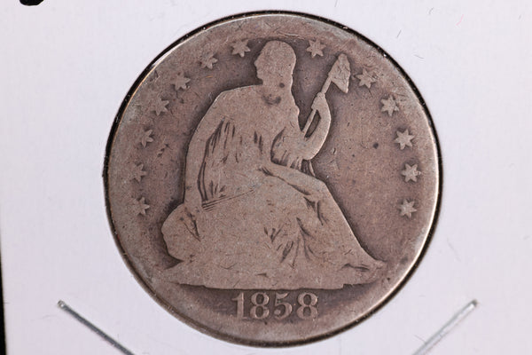 1858 Liberty Seated Half Dollar, Affordable Circulated Coin. Store Sale #23080924