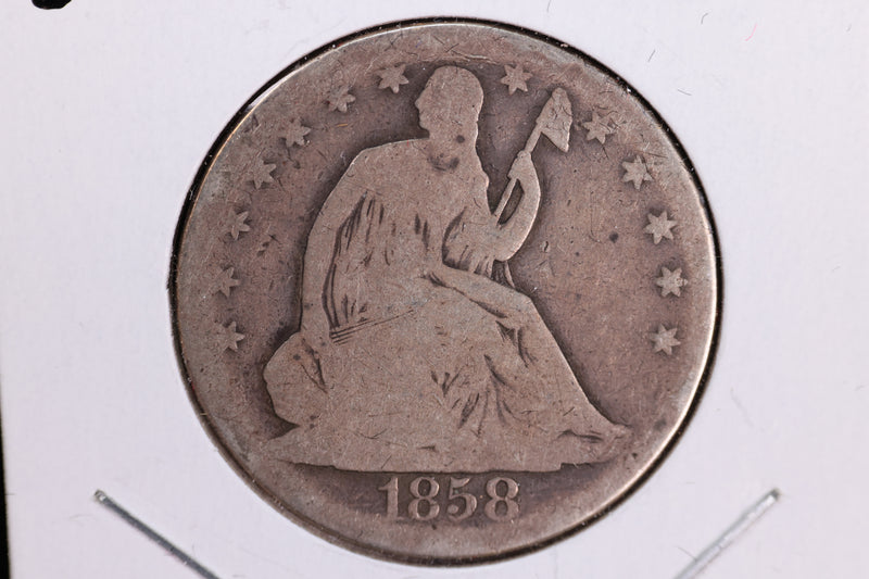 1858 Liberty Seated Half Dollar, Affordable Circulated Coin. Store Sale