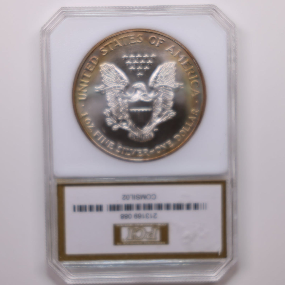 2002 American Silver Eagle, Nice Toned Coin. PCI Holder. Uncirculated Coin, Store #AE004.
