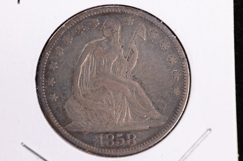 1858 Liberty Seated Half Dollar, Affordable Circulated Coin. Store Sale