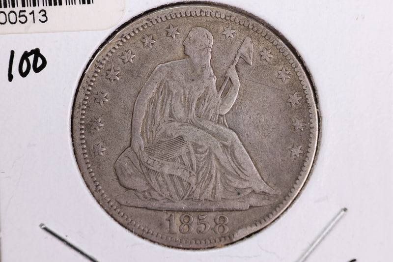 1858 Liberty Seated Half Dollar, Affordable Circulated Coin. Store Sale