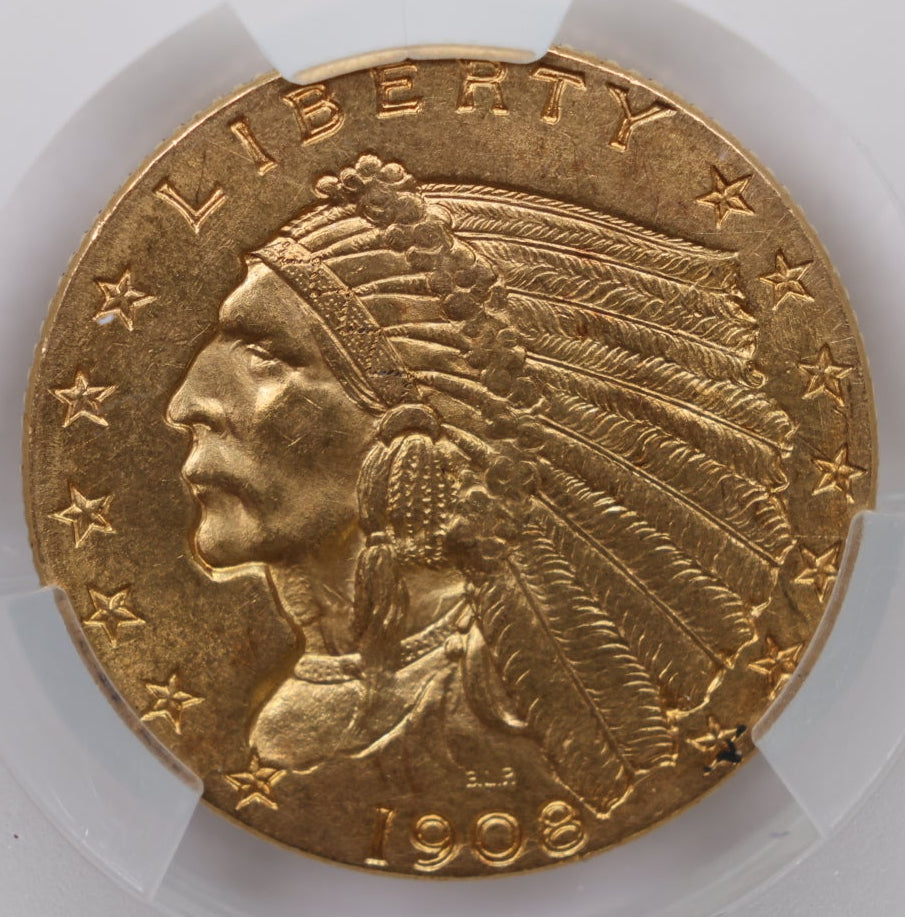 1908 $2.50 Quarter Gold Eagle, CAC Certified MS-61, Uncirculated Coin, Store #G002.