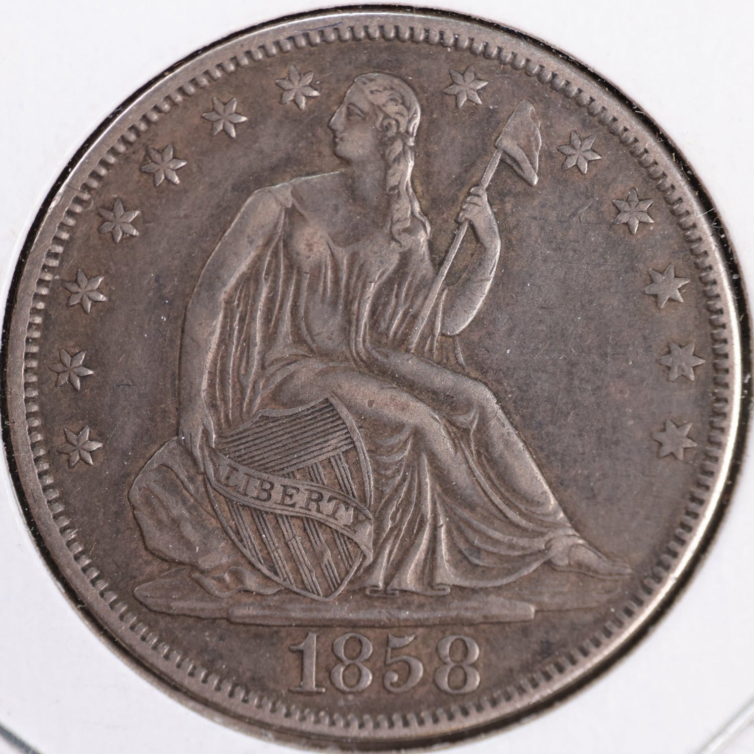 1858 Liberty Seated Half Dollar, Uncirculated Coin. Store #HR1957