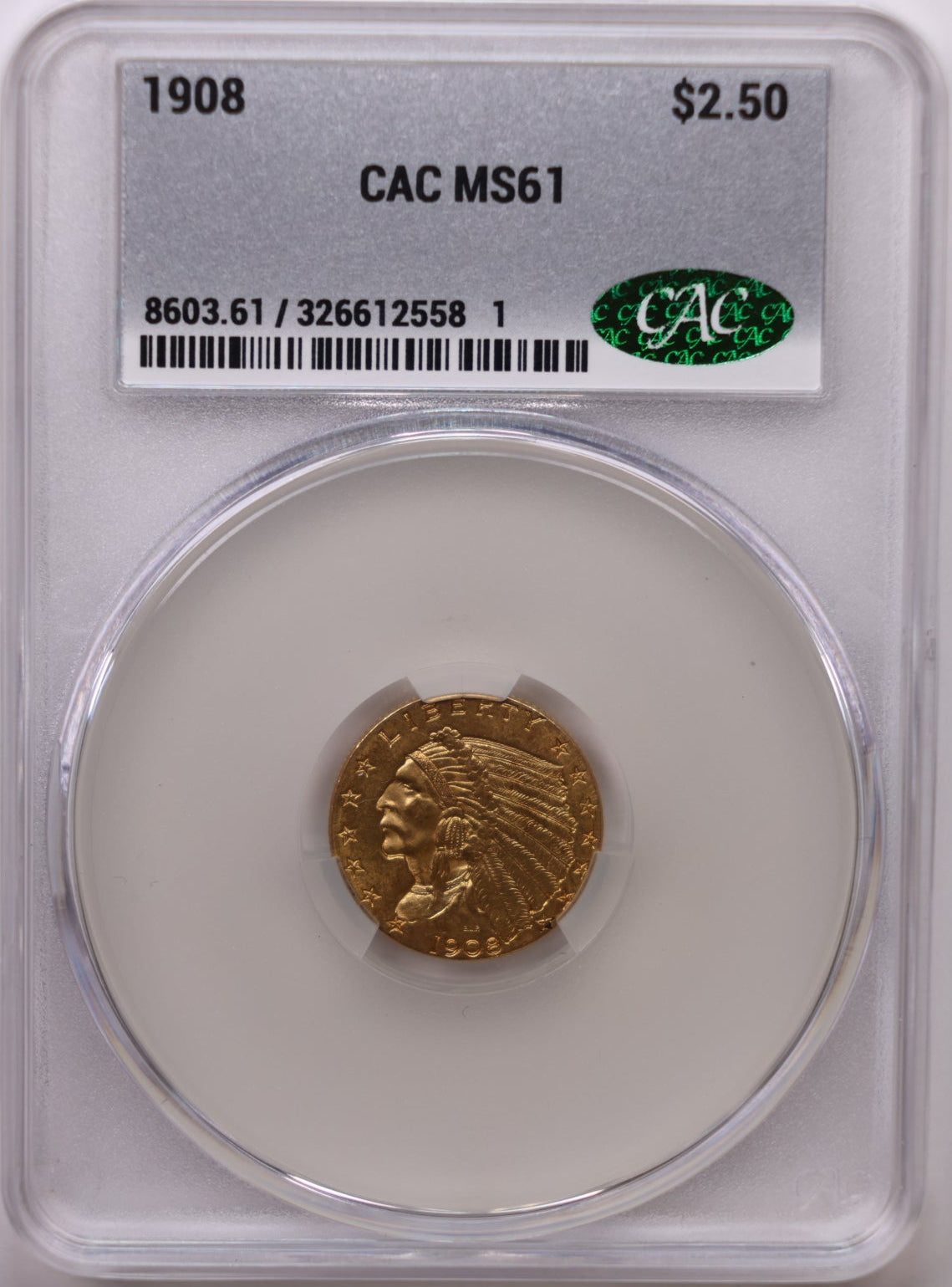 1908 $2.50 Quarter Gold Eagle, CAC Certified MS-61, Uncirculated Coin, Store #G002.