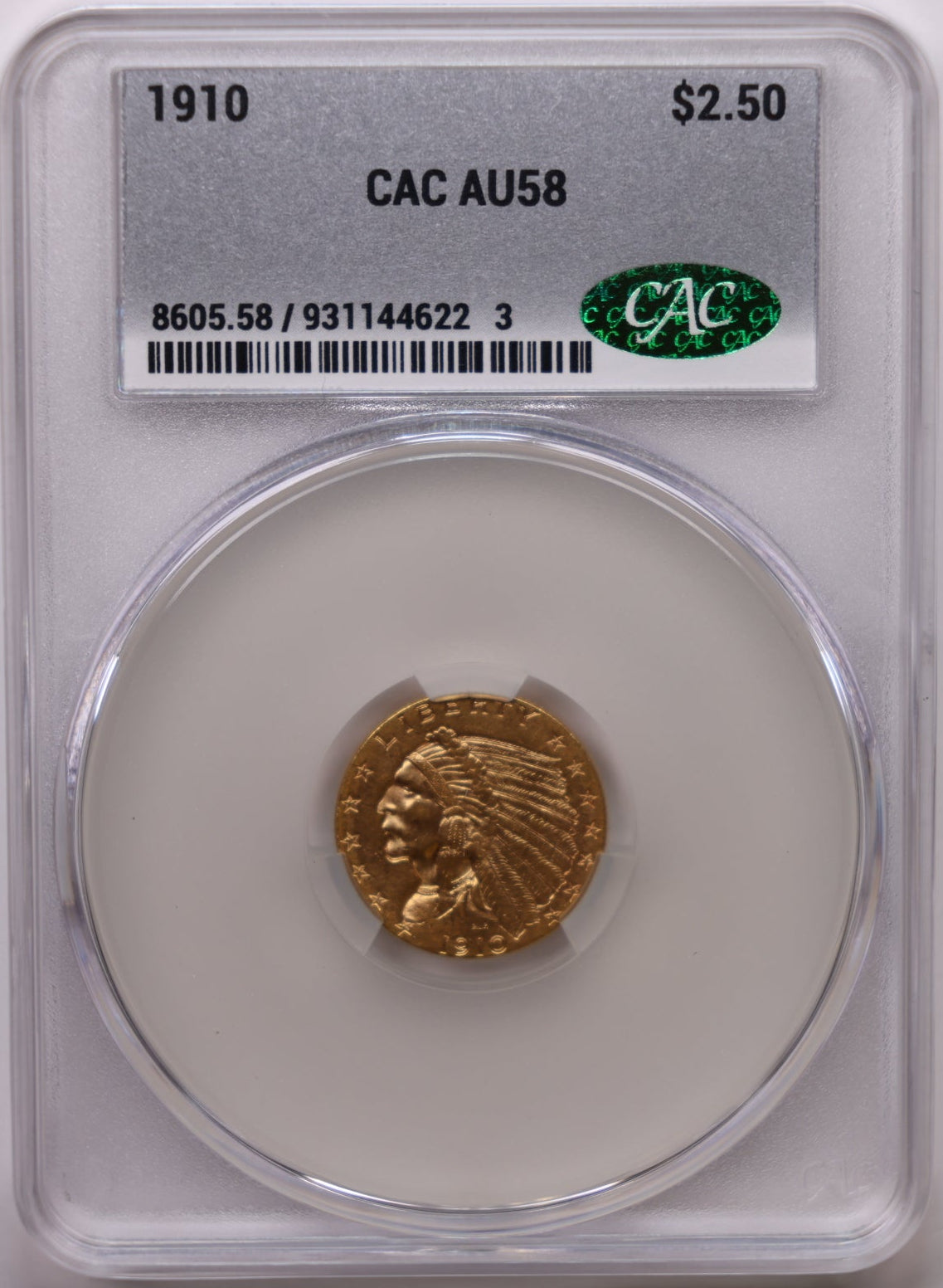 1910 $2.50 Quarter Gold Eagle, CAC Certified AU-58, Slider-Coin, Store #G003.