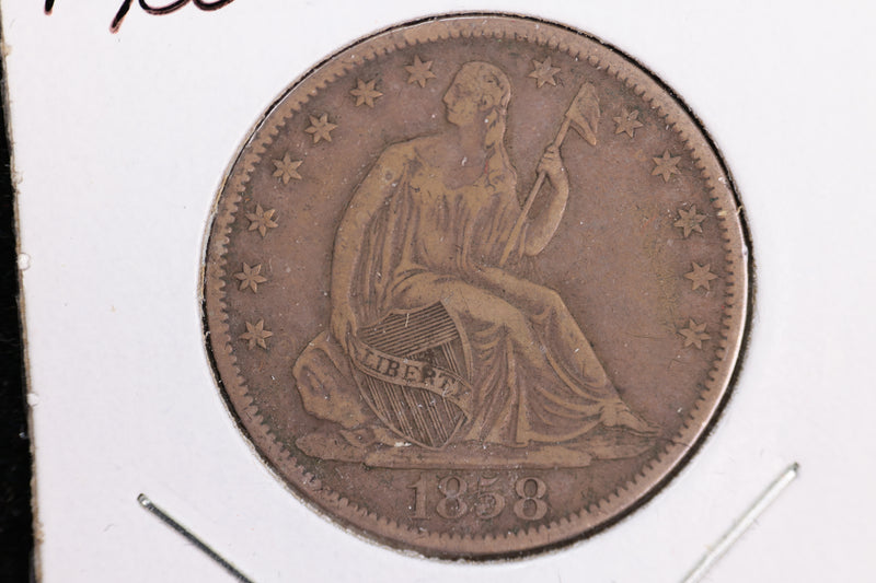1858-O Liberty Seated Half Dollar, Affordable Circulated Coin. Store Sale
