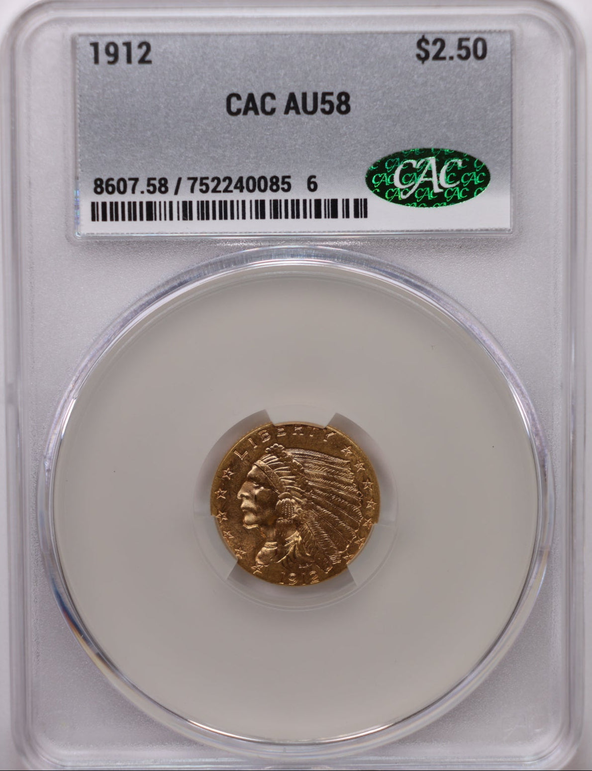 1912 $2.50 Quarter Gold Eagle, CAC Certified AU-58, Slider-Coin, Store #G020.
