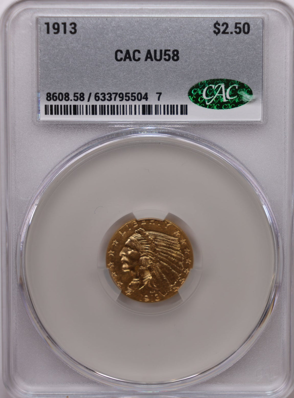 1913 $2.50 Quarter Gold Eagle, CAC Certified AU-58, Slider-Coin, Store #G021.