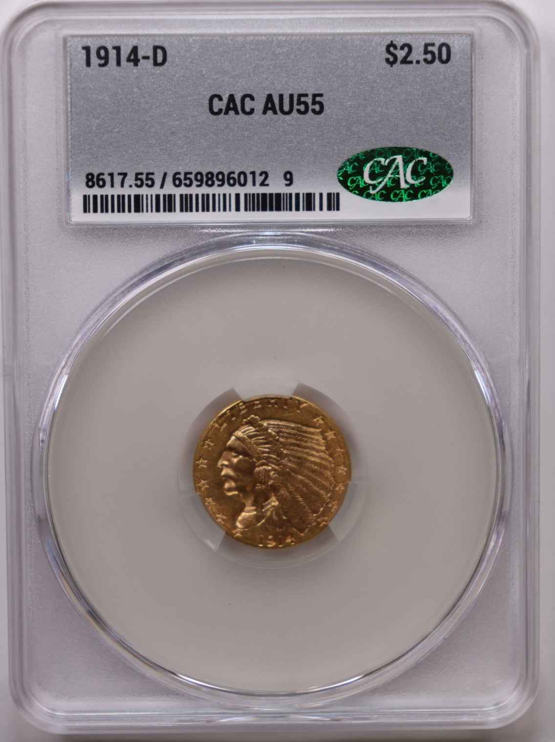 1914-D $2.50 Quarter Gold Eagle, CAC Certified AU-55, Slider-Coin, Store #G023.