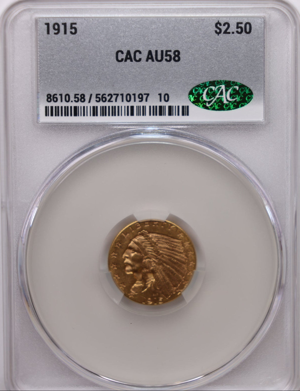 1915 $2.50 Quarter Gold Eagle, CAC Certified AU-58, Slider-Coin, Store #G024.