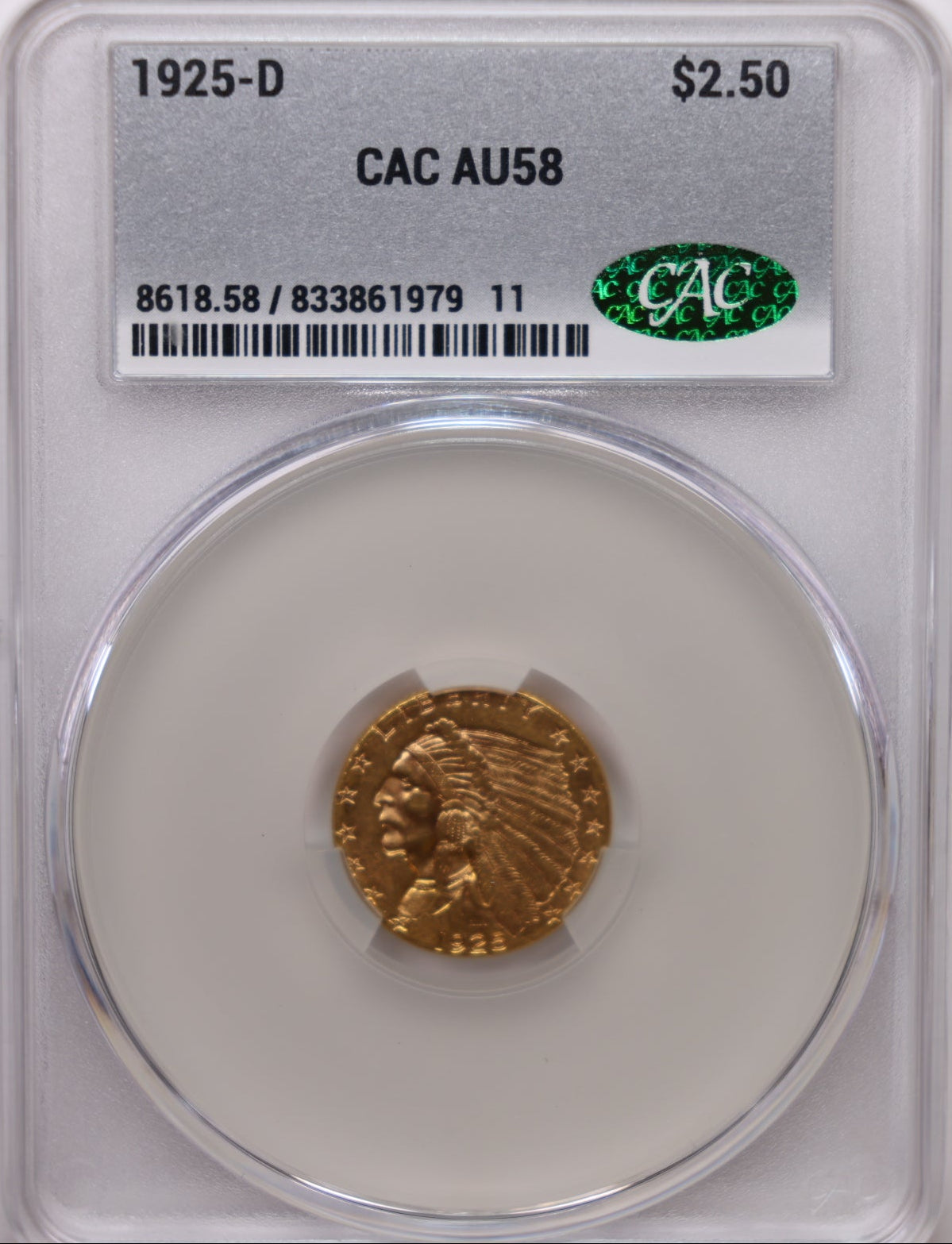1925-D $2.50 Quarter Gold Eagle, CAC Certified AU-58, Slider-Coin, Store #G025.