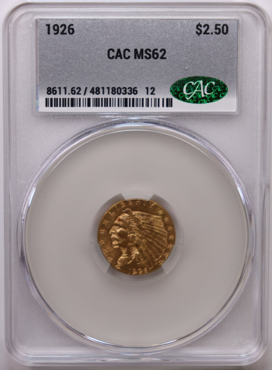 1926 $2.50 Quarter Gold Eagle, CAC Certified MS-62, Uncirculated Coin, Store #G026.