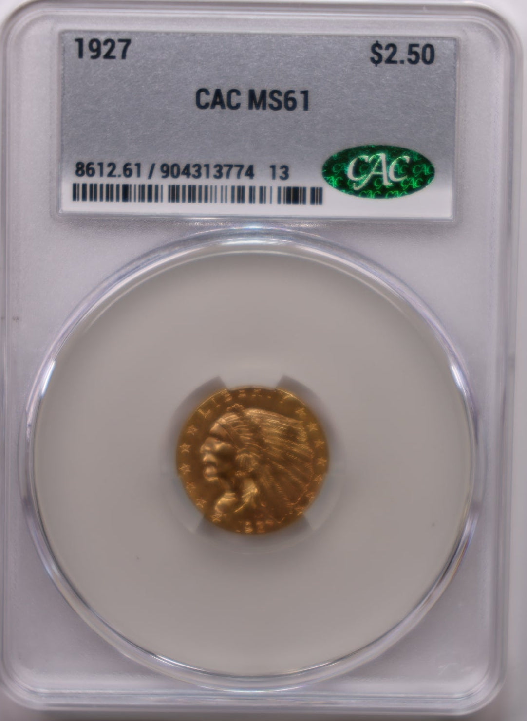 1927 $2.50 Quarter Gold Eagle, CAC Certified MS-61, Uncirculated Coin, Store #G027.