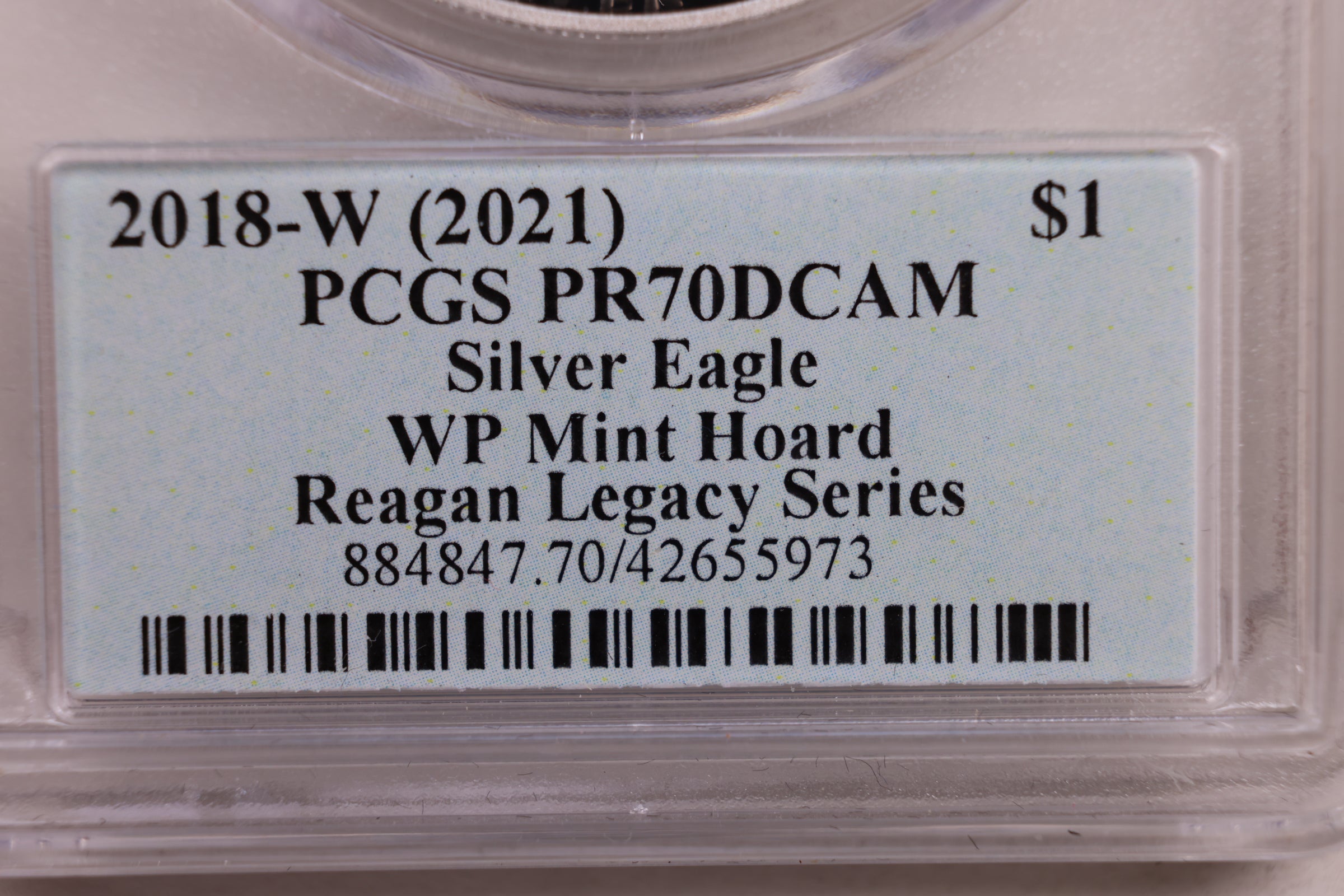 2018-W Silver Eagle, West Point Hoard Signed Label, PCGS PF-70, Store #AE0161