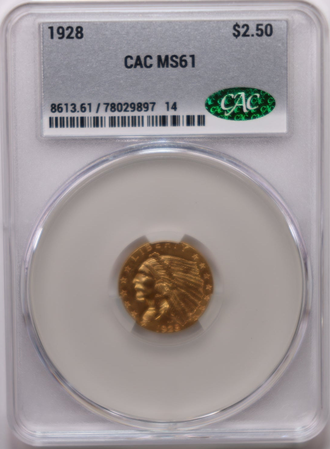 1928 $2.50 Quarter Gold Eagle, CAC Certified MS-61, Uncirculated Coin, Store #G028.