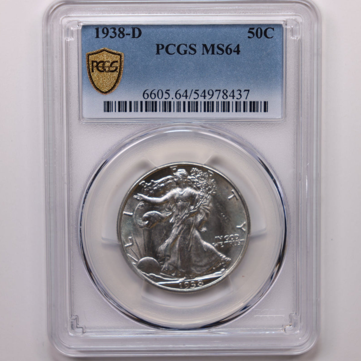 1938-D Walking Liberty Silver Half Dollar, PCGS Graded MS-64, Uncirculated. #HR236.