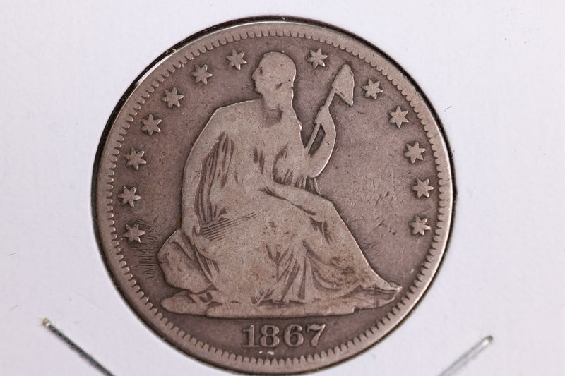 1867 Liberty Seated Half Dollar, Affordable Circulated Coin. Store Sale